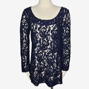 Soft Surroundings‎ Navy Floral Lace Tunic Top Sheer Long Sleeve Cotton Blend M